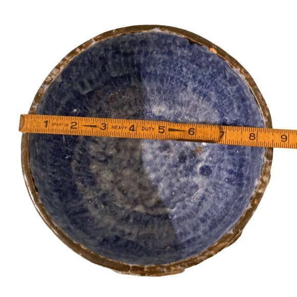 Whimsical Naive Blue Pottery Bowl Faces Mouse Rabbit Tree Balloons Sun And Moon - Picture 8 of 10